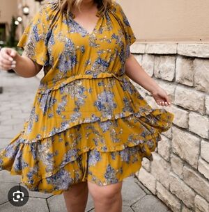 By Anthropologie Robin Tiered Mini Dress XL Mustard Yellow Floral Ruffled Boho